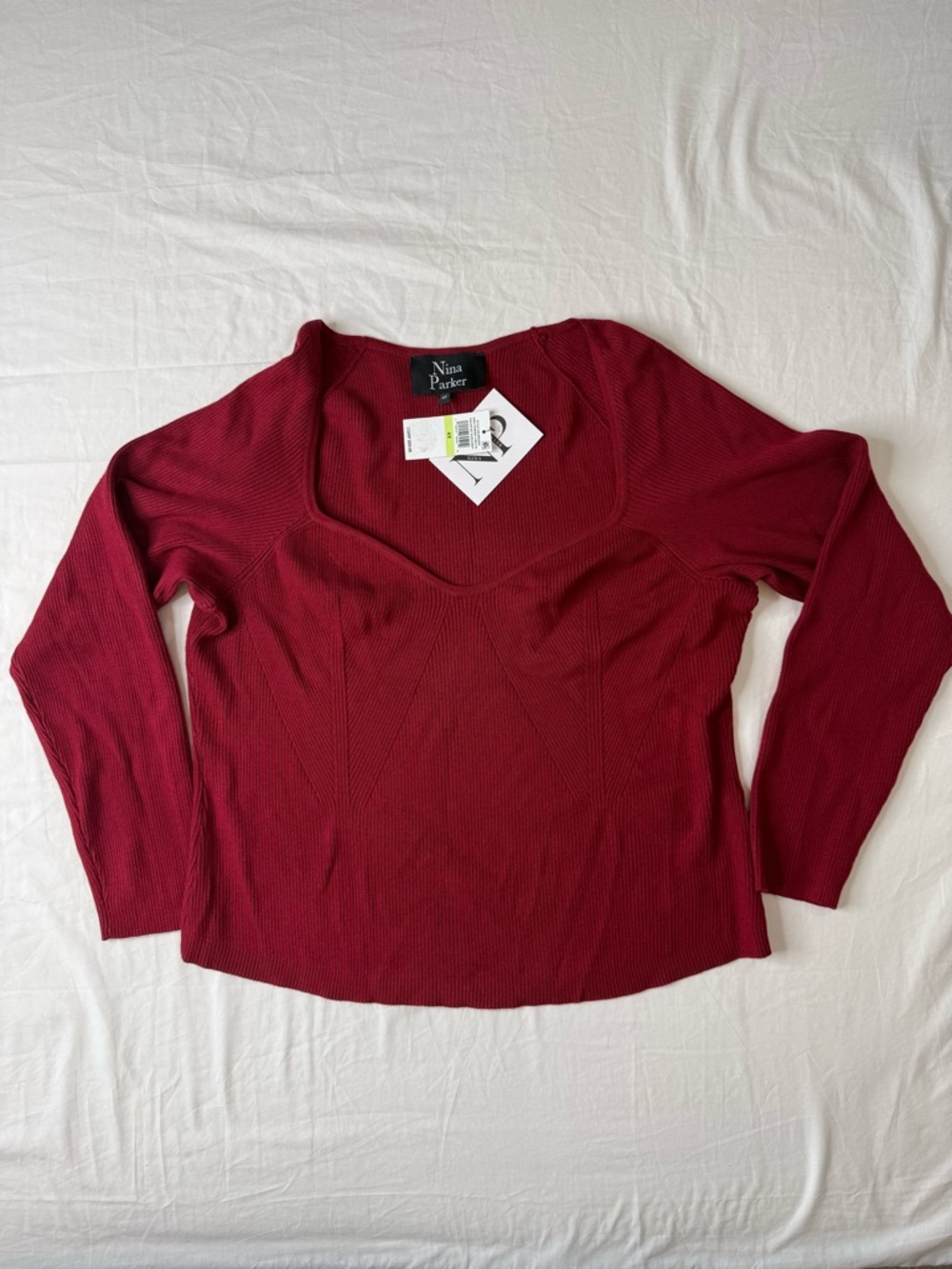 Nina Parker 4X Ribbed Sweater Top Burgundy Wine Square Neck NWT